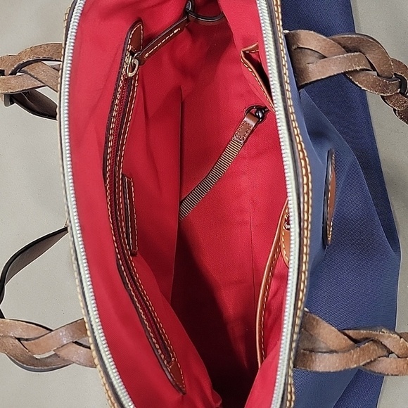Dooney & Bourke Navy Blue Nylon Domed Satchel, Brown Leather Braided Handles - Picture 8 of 16